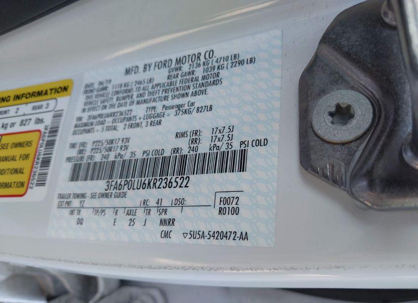 Photo 9 of 2019 Ford Fusion HYBRID SE (VIN 3FA6P0LU6KR236522)