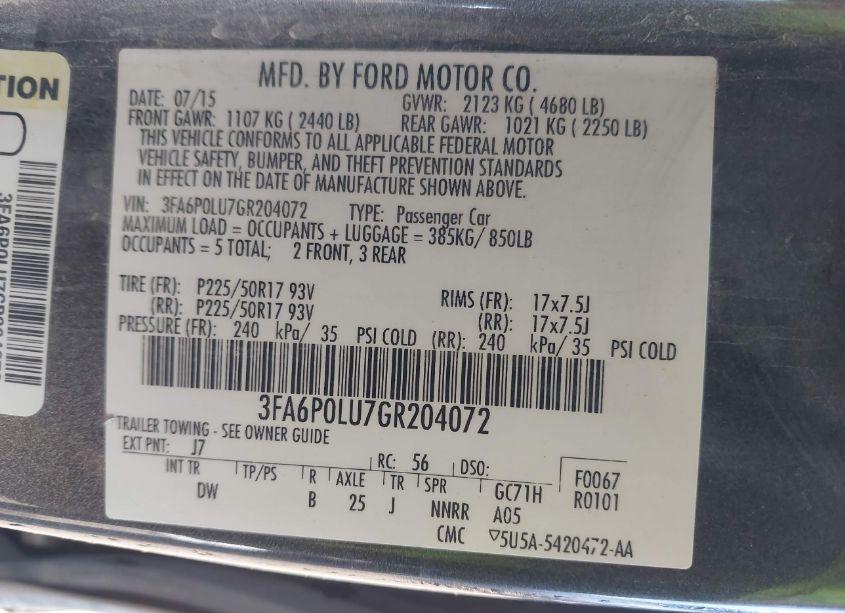 Photo 9 of 2016 Ford Fusion HYBRID SE (VIN 3FA6P0LU7GR204072)