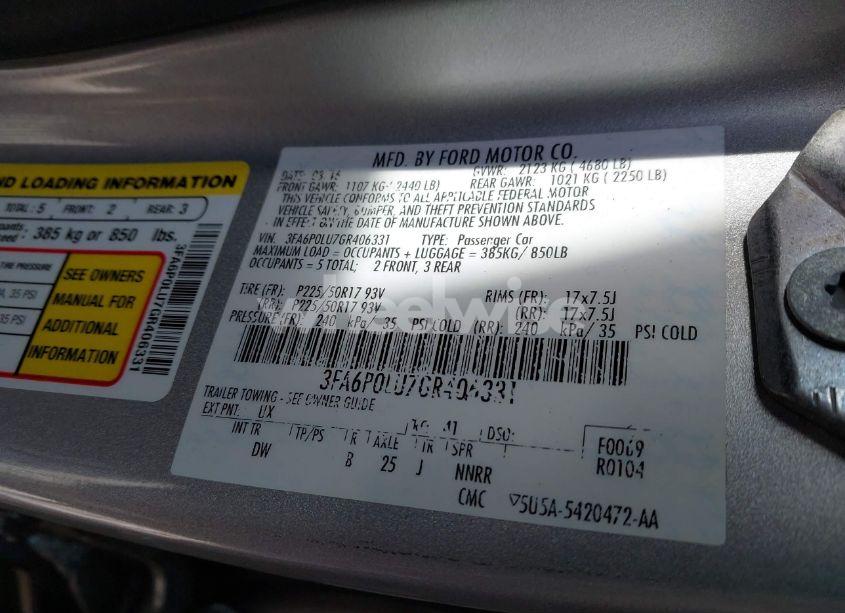 Photo 9 of 2016 Ford Fusion HYBRID SE (VIN 3FA6P0LU7GR406331)