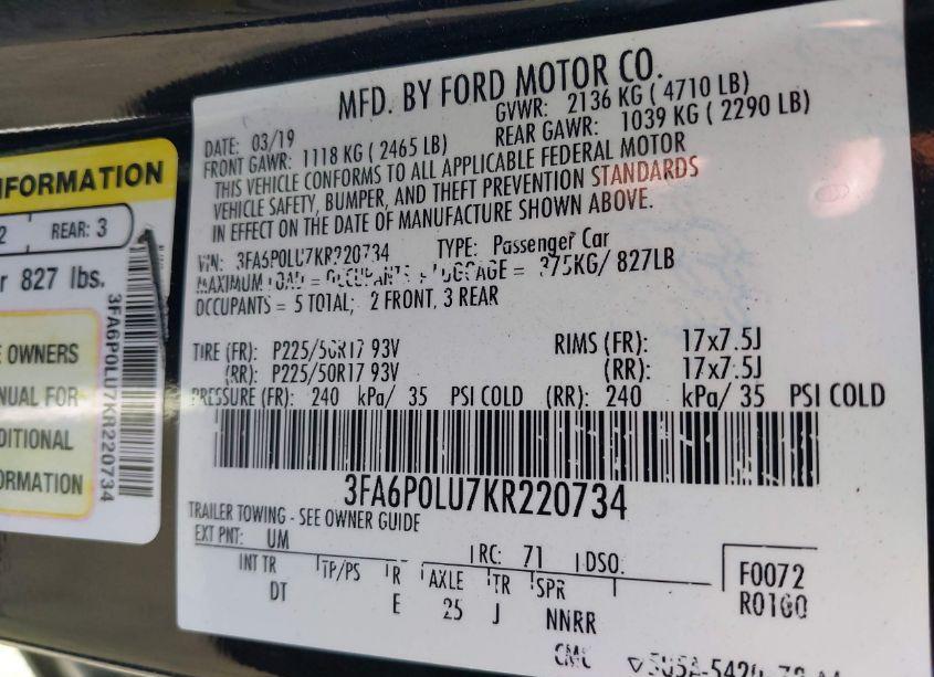 Photo 9 of 2019 Ford Fusion HYBRID SE (VIN 3FA6P0LU7KR220734)