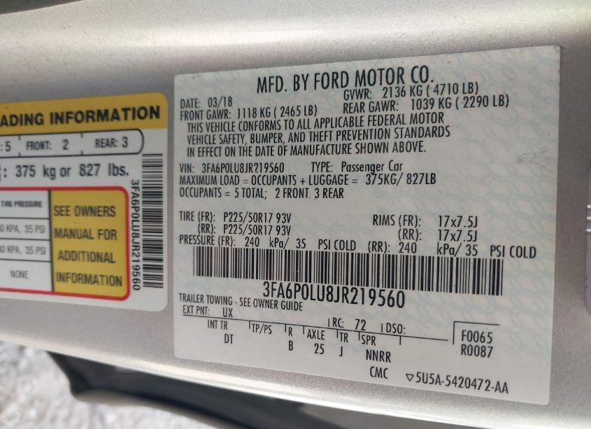 Photo 9 of 2018 Ford Fusion HYBRID SE (VIN 3FA6P0LU8JR219560)