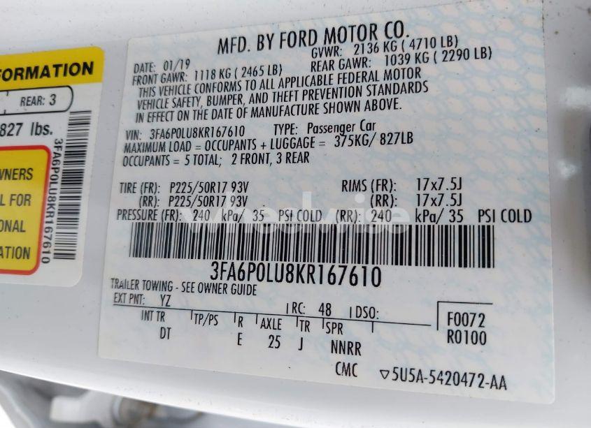 Photo 9 of 2019 Ford Fusion HYBRID SE (VIN 3FA6P0LU8KR167610)