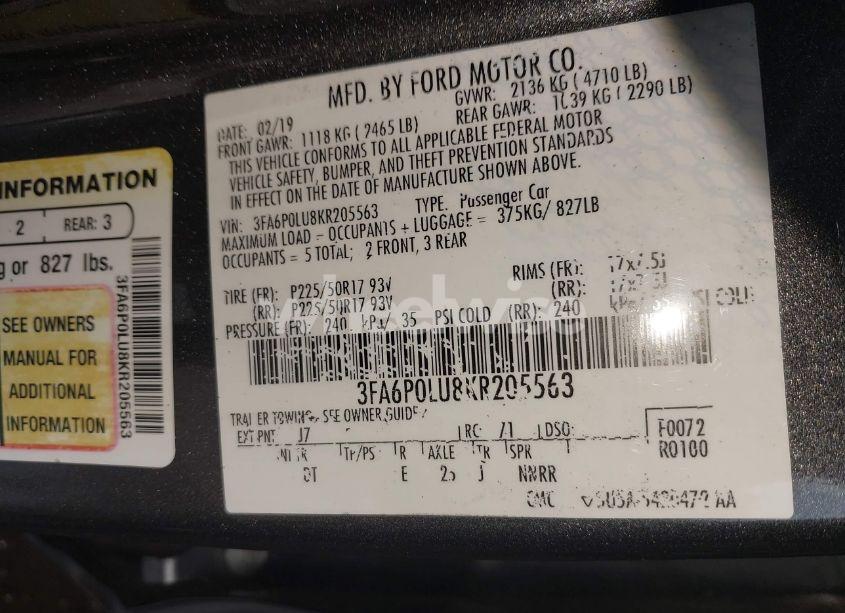 Photo 9 of 2019 Ford Fusion HYBRID SE (VIN 3FA6P0LU8KR205563)