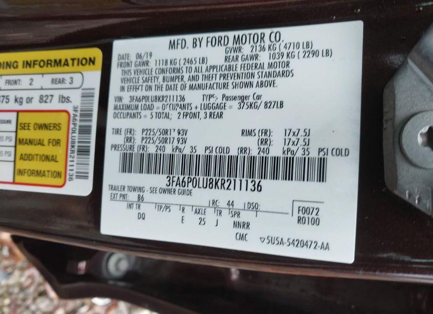 Photo 9 of 2019 Ford Fusion HYBRID SE (VIN 3FA6P0LU8KR211136)