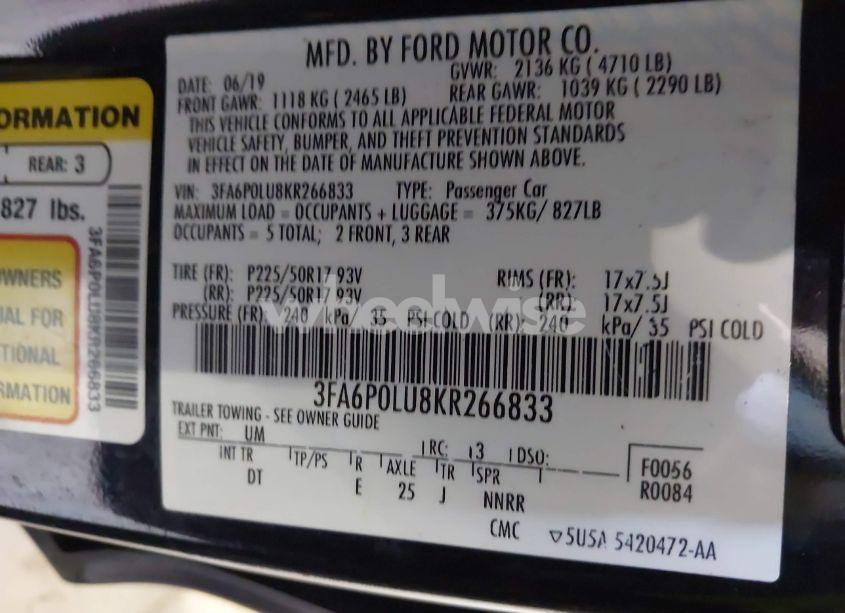 Photo 9 of 2019 Ford Fusion HYBRID SE (VIN 3FA6P0LU8KR266833)