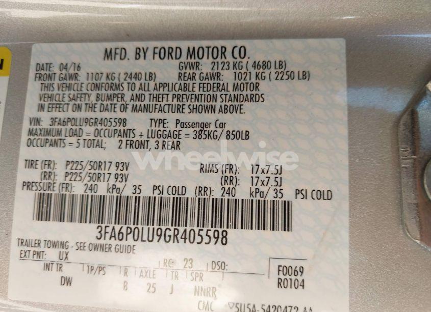 Photo 9 of 2016 Ford Fusion HYBRID SE (VIN 3FA6P0LU9GR405598)