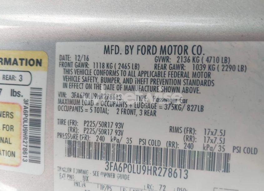 Photo 9 of 2017 Ford Fusion HYBRID SE (VIN 3FA6P0LU9HR278613)