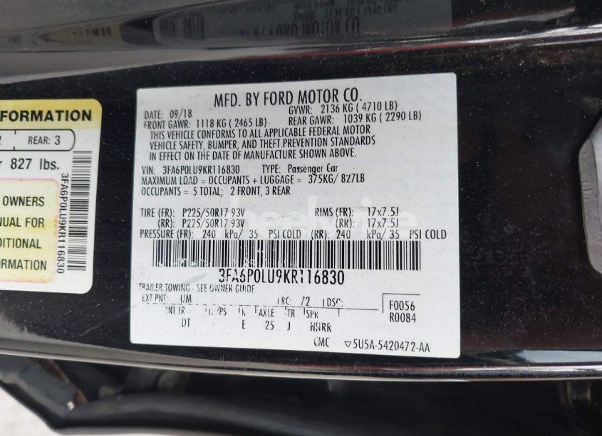 Photo 9 of 2019 Ford Fusion HYBRID SE (VIN 3FA6P0LU9KR116830)