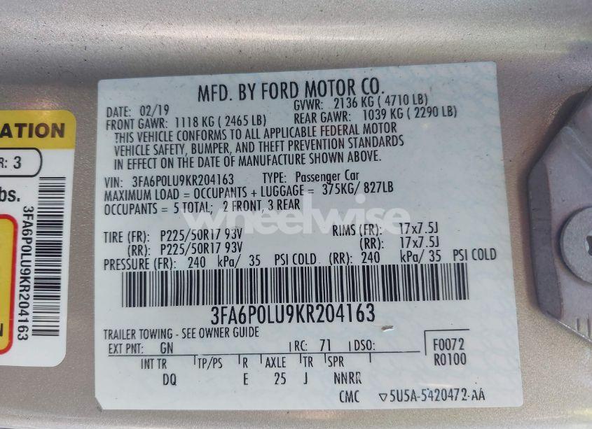 Photo 9 of 2019 Ford Fusion HYBRID SE (VIN 3FA6P0LU9KR204163)