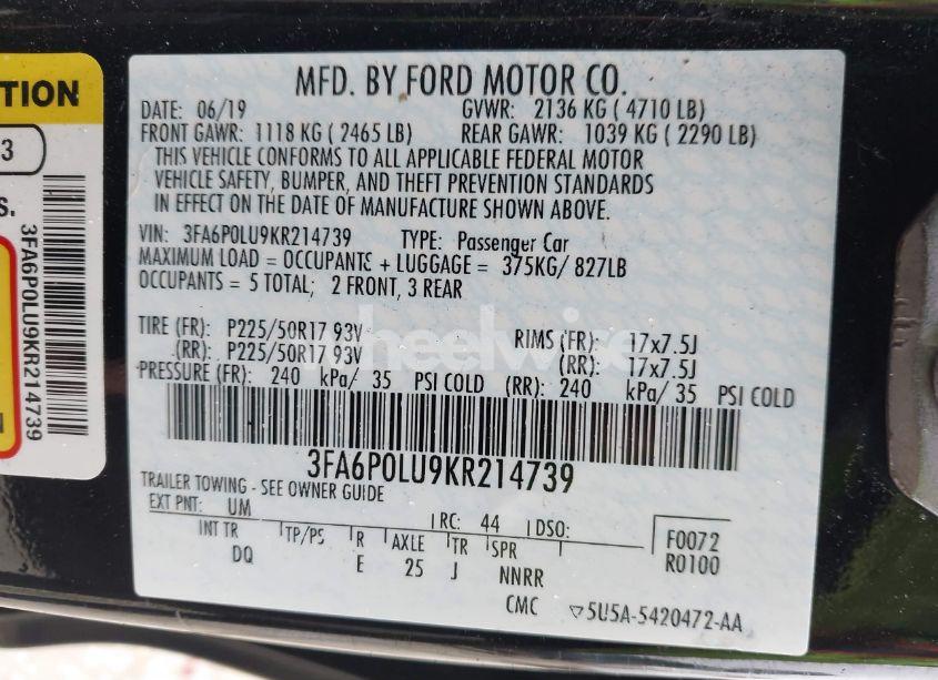 Photo 9 of 2019 Ford Fusion HYBRID SE (VIN 3FA6P0LU9KR214739)