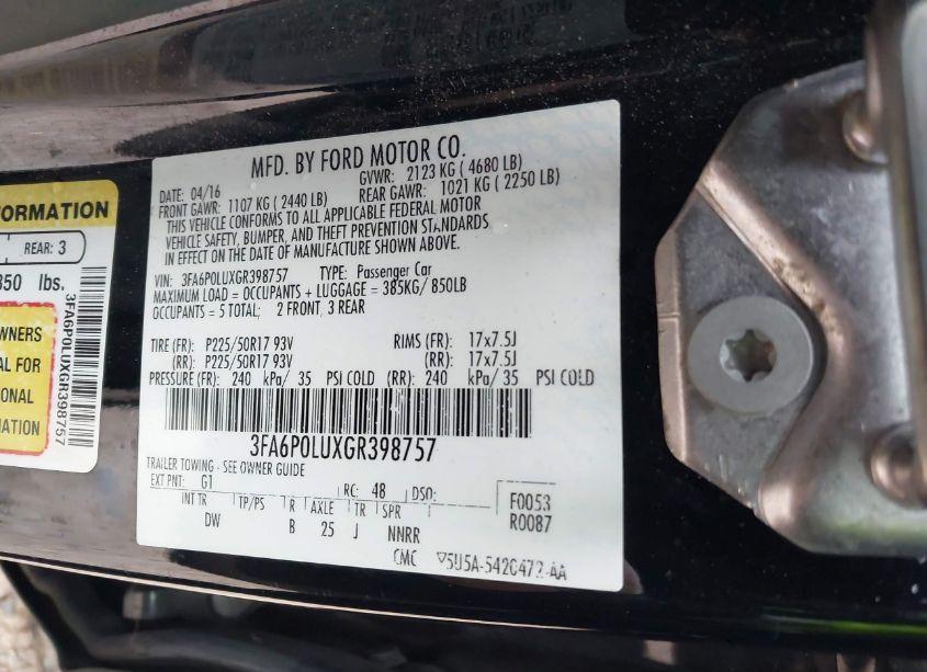 Photo 9 of 2016 Ford Fusion HYBRID SE (VIN 3FA6P0LUXGR398757)