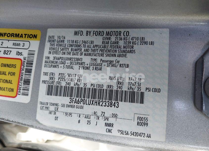 Photo 9 of 2017 Ford Fusion HYBRID SE (VIN 3FA6P0LUXHR233843)