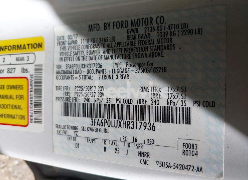 Photo 9 of 2017 Ford Fusion HYBRID SE (VIN 3FA6P0LUXHR317936)