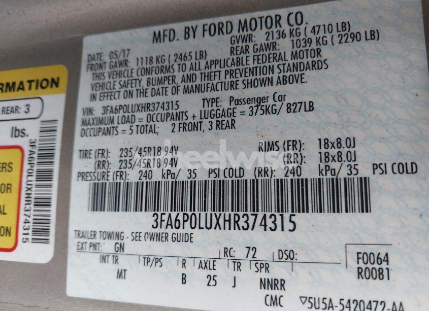 Photo 9 of 2017 Ford Fusion HYBRID SE (VIN 3FA6P0LUXHR374315)