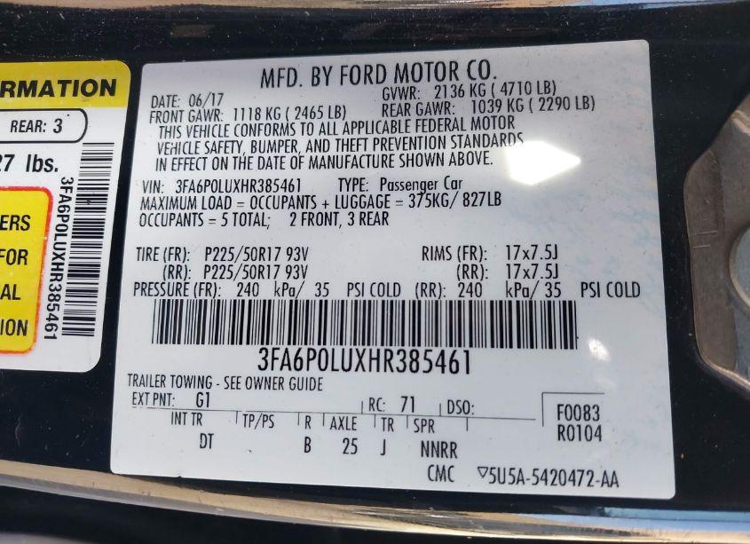 Photo 9 of 2017 Ford Fusion HYBRID SE (VIN 3FA6P0LUXHR385461)