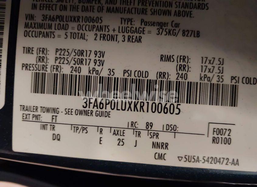 Photo 9 of 2019 Ford Fusion HYBRID SE (VIN 3FA6P0LUXKR100605)