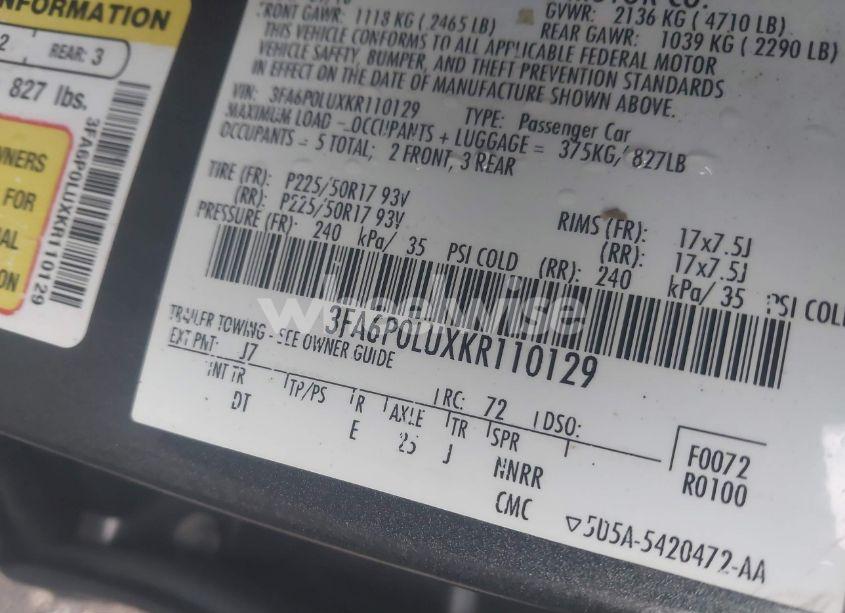 Photo 9 of 2019 Ford Fusion HYBRID SE (VIN 3FA6P0LUXKR110129)