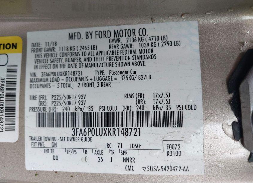 Photo 9 of 2019 Ford Fusion HYBRID SE (VIN 3FA6P0LUXKR148721)