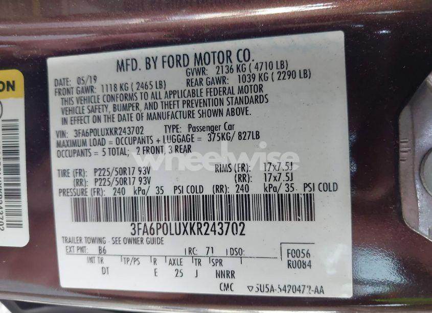 Photo 9 of 2019 Ford Fusion HYBRID SE (VIN 3FA6P0LUXKR243702)