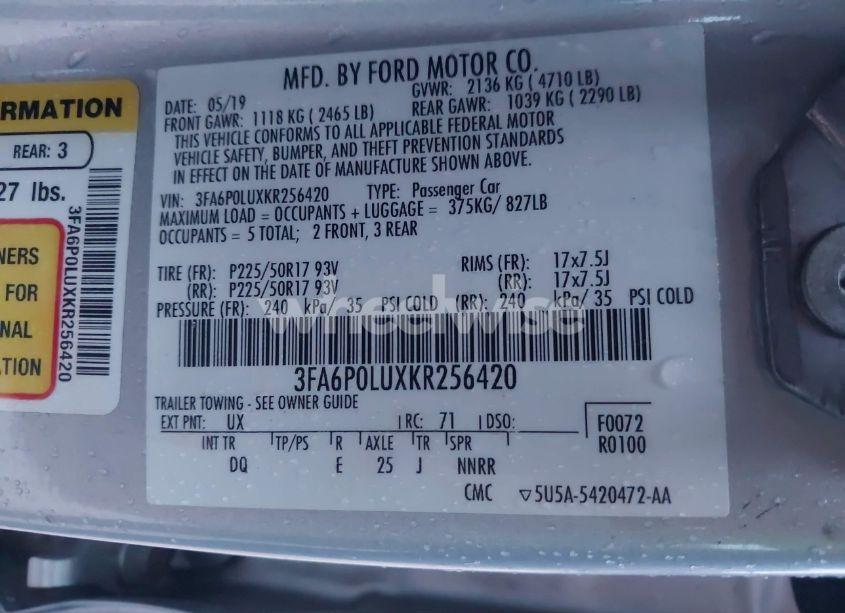 Photo 9 of 2019 Ford Fusion HYBRID SE (VIN 3FA6P0LUXKR256420)