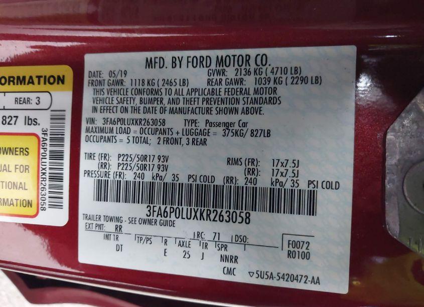 Photo 9 of 2019 Ford Fusion HYBRID SE (VIN 3FA6P0LUXKR263058)