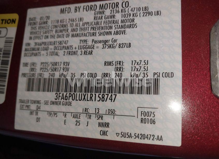 Photo 9 of 2020 Ford Fusion HYBRID SE (VIN 3FA6P0LUXLR158747)