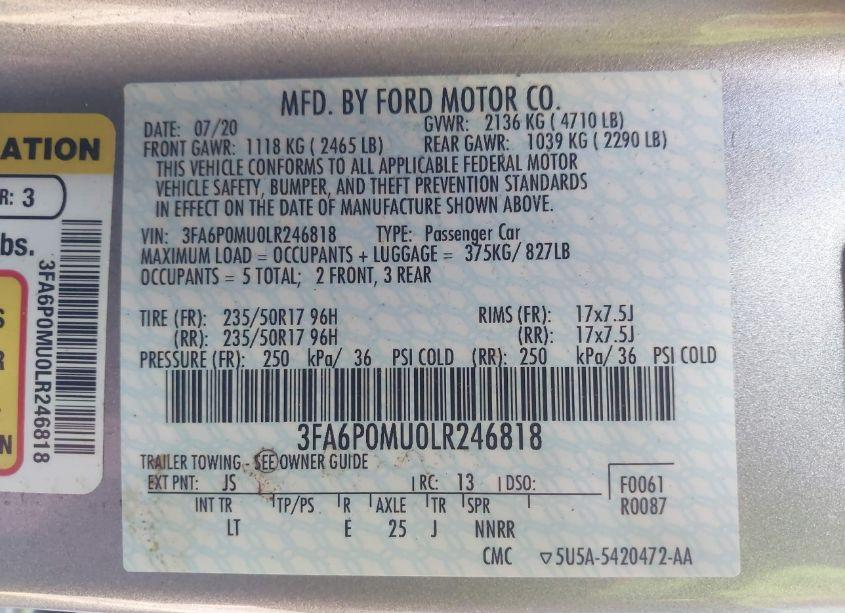 Photo 9 of 2020 Ford Fusion HYBRID SEL (VIN 3FA6P0MU0LR246818)