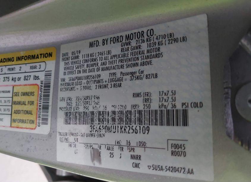 Photo 9 of 2019 Ford Fusion HYBRID SEL (VIN 3FA6P0MU1KR256109)