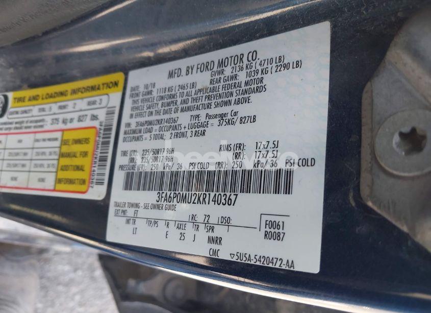 Photo 9 of 2019 Ford Fusion HYBRID SEL (VIN 3FA6P0MU2KR140367)