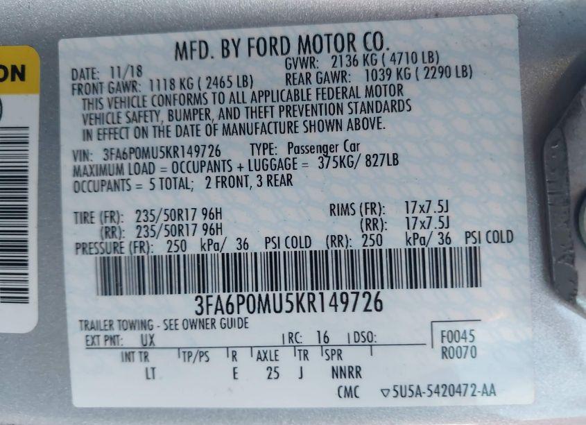Photo 9 of 2019 Ford Fusion HYBRID SEL (VIN 3FA6P0MU5KR149726)