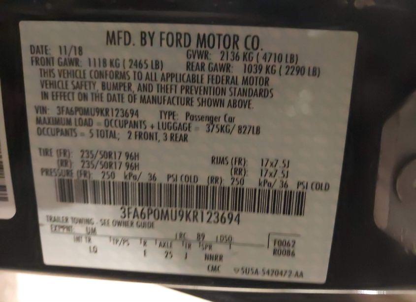 Photo 9 of 2019 Ford Fusion HYBRID SEL (VIN 3FA6P0MU9KR123694)