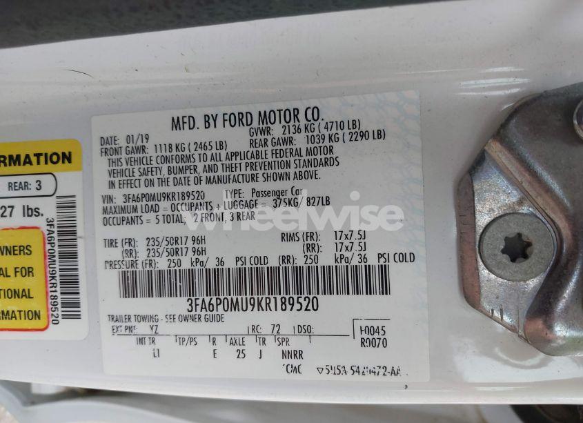 Photo 9 of 2019 Ford Fusion HYBRID SEL (VIN 3FA6P0MU9KR189520)