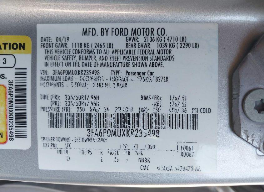 Photo 9 of 2019 Ford Fusion HYBRID SEL (VIN 3FA6P0MUXKR235498)