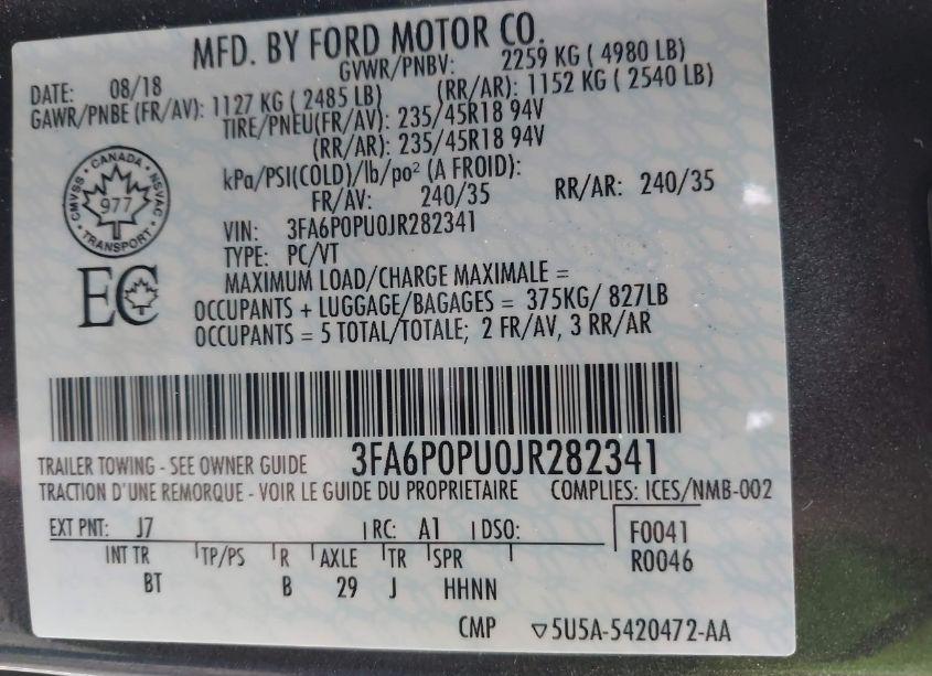 Photo 9 of 2018 Ford Fusion ENERGI SE LUXURY (VIN 3FA6P0PU0JR282341)