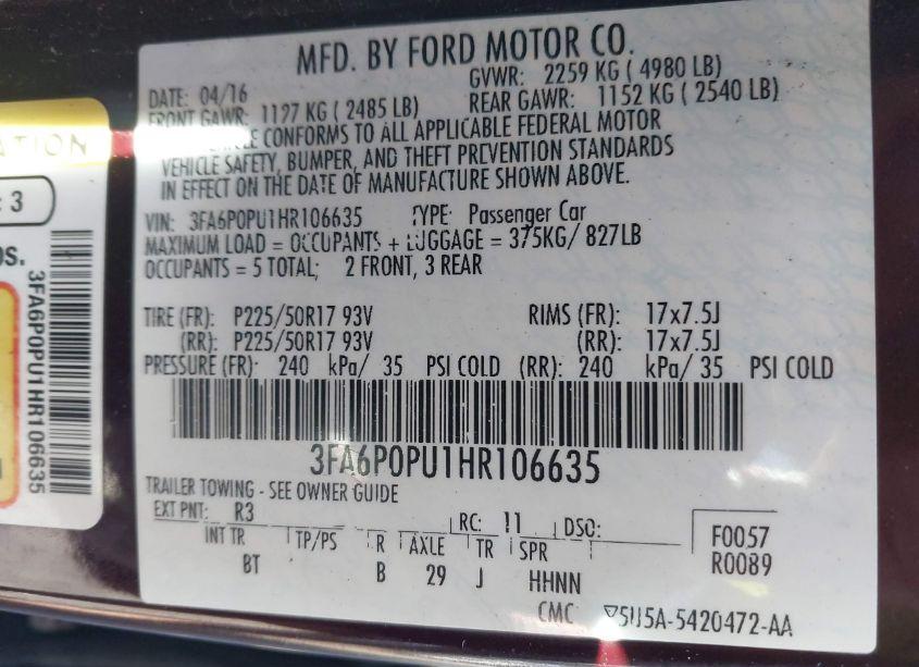 Photo 9 of 2017 Ford Fusion ENERGI SE LUXURY (VIN 3FA6P0PU1HR106635)