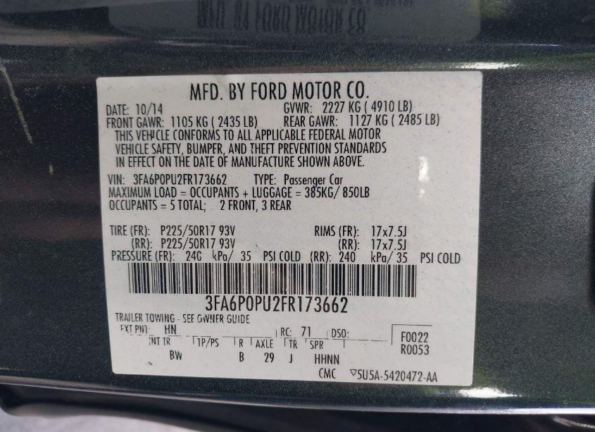 Photo 9 of 2015 Ford Fusion ENERGI SE LUXURY (VIN 3FA6P0PU2FR173662)