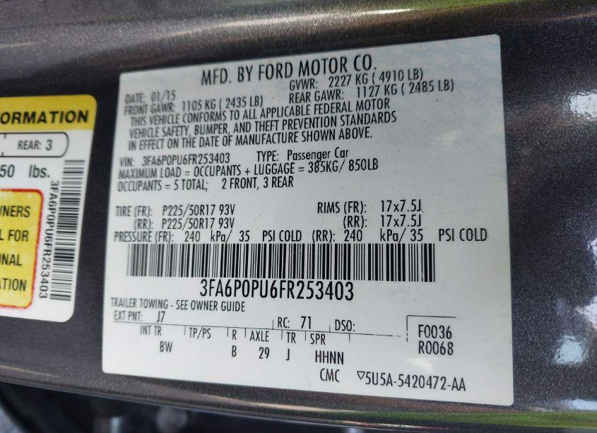 Photo 9 of 2015 Ford Fusion ENERGI SE LUXURY (VIN 3FA6P0PU6FR253403)