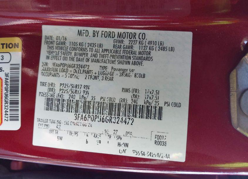 Photo 9 of 2016 Ford Fusion ENERGI SE LUXURY (VIN 3FA6P0PU6GR324472)