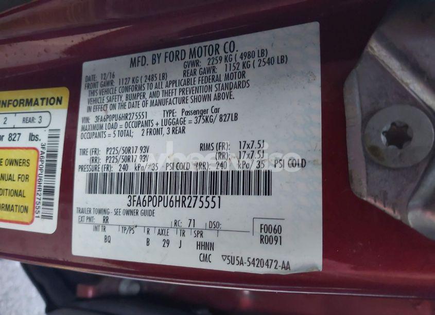 Photo 9 of 2017 Ford Fusion ENERGI SE LUXURY (VIN 3FA6P0PU6HR275551)