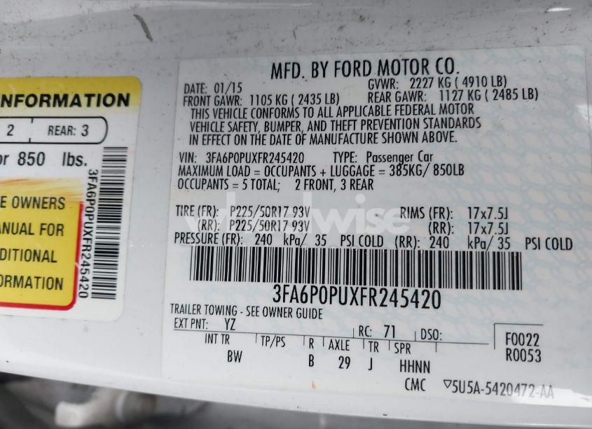 Photo 9 of 2015 Ford Fusion ENERGI SE LUXURY (VIN 3FA6P0PUXFR245420)