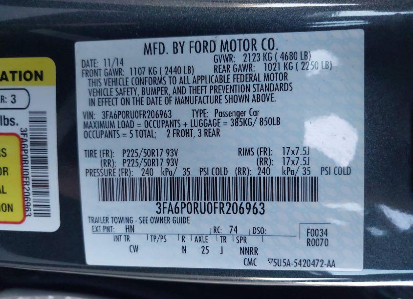 Photo 9 of 2015 Ford Fusion HYBRID TITANIUM (VIN 3FA6P0RU0FR206963)