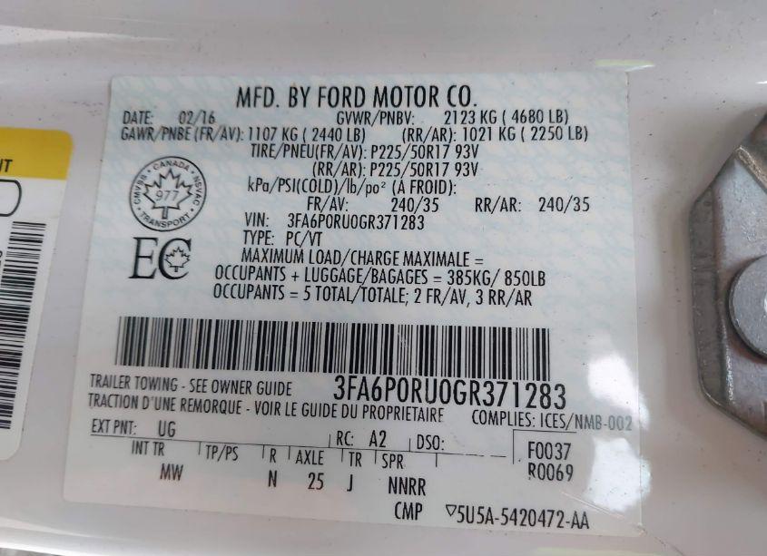 Photo 9 of 2016 Ford Fusion HYBRID TITANIUM (VIN 3FA6P0RU0GR371283)