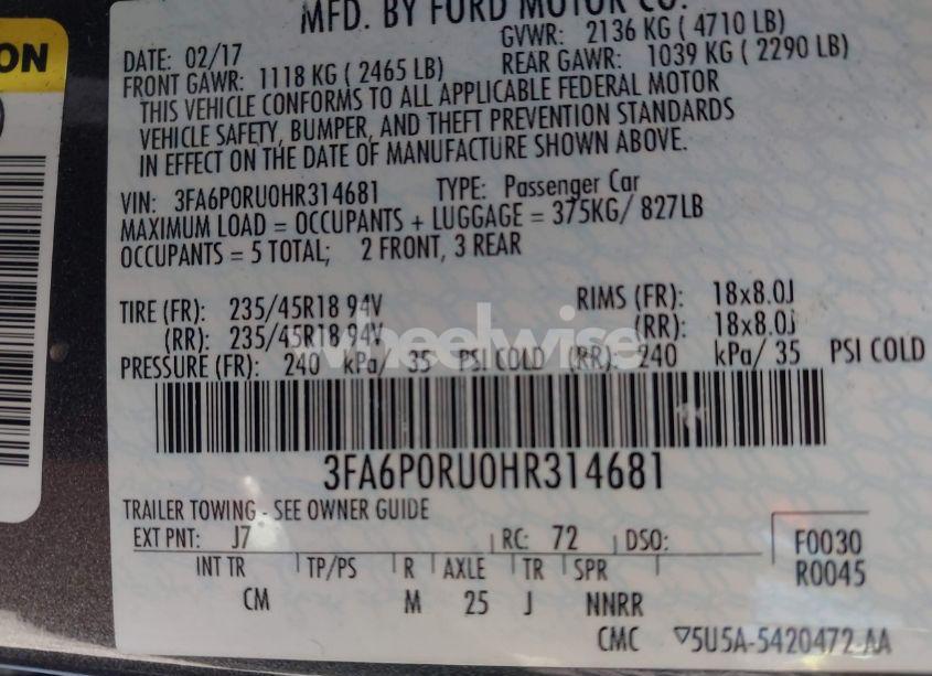 Photo 9 of 2017 Ford Fusion HYBRID TITANIUM (VIN 3FA6P0RU0HR314681)