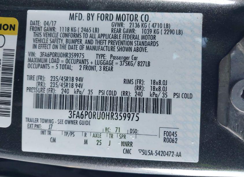 Photo 9 of 2017 Ford Fusion HYBRID TITANIUM (VIN 3FA6P0RU0HR359975)