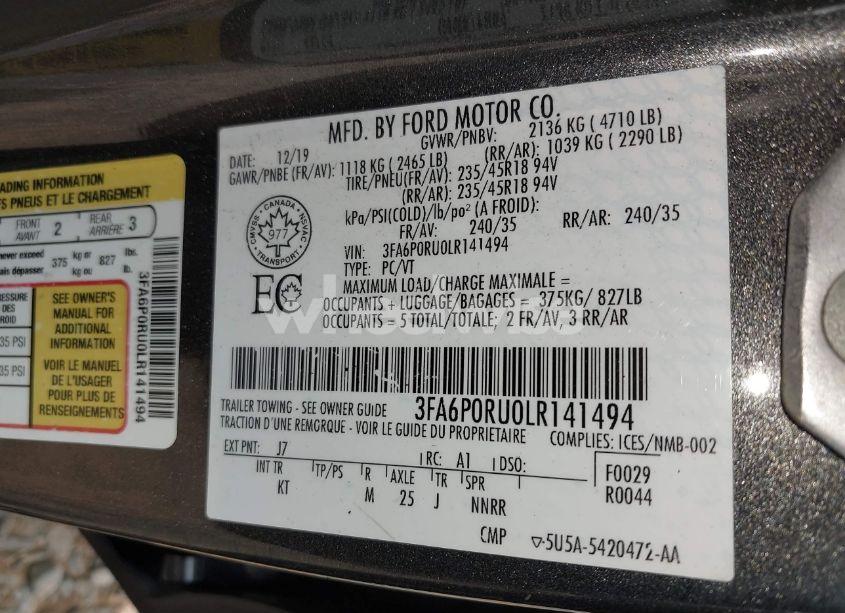 Photo 9 of 2020 Ford Fusion HYBRID TITANIUM (VIN 3FA6P0RU0LR141494)