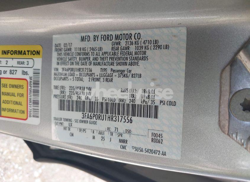 Photo 9 of 2017 Ford Fusion HYBRID TITANIUM (VIN 3FA6P0RU1HR317556)