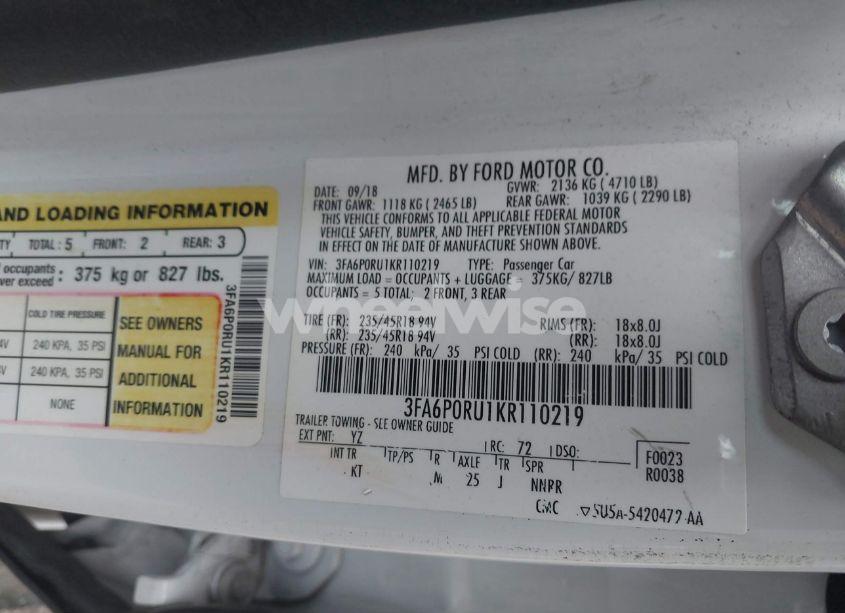 Photo 9 of 2019 Ford Fusion HYBRID TITANIUM (VIN 3FA6P0RU1KR110219)