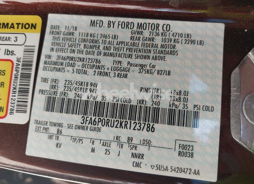 Photo 9 of 2019 Ford Fusion HYBRID TITANIUM (VIN 3FA6P0RU2KR123786)