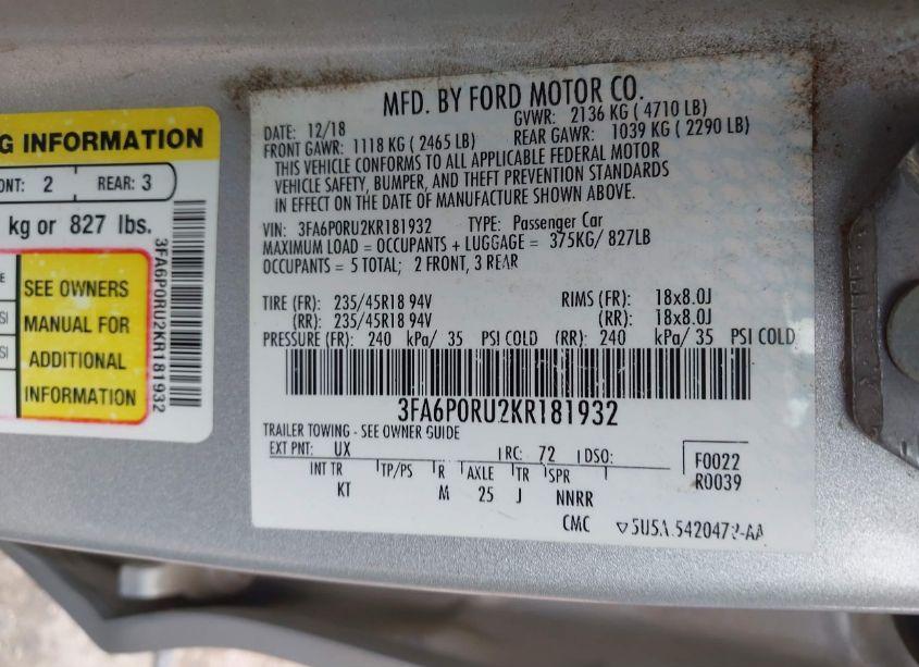 Photo 9 of 2019 Ford Fusion HYBRID TITANIUM (VIN 3FA6P0RU2KR181932)