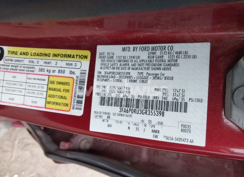 Photo 9 of 2016 Ford Fusion HYBRID TITANIUM (VIN 3FA6P0RU3GR355398)